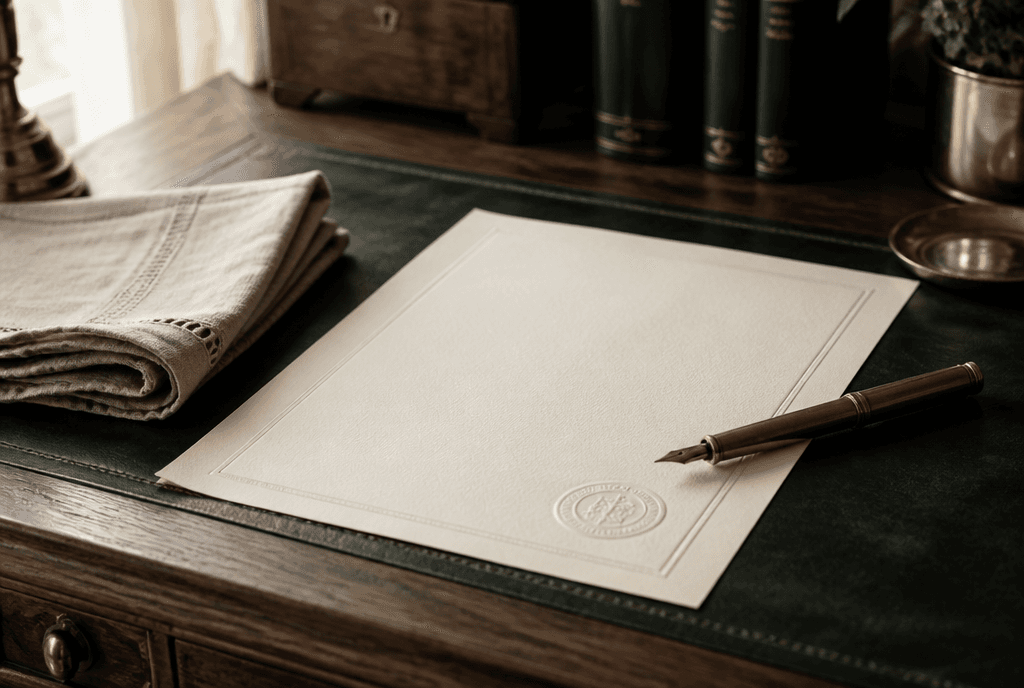 Deed document, linen, and fountain pen on an oak desk